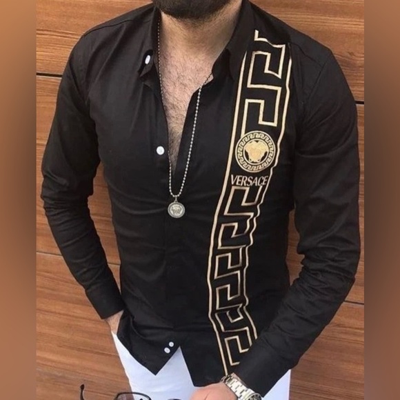 Versace Other - Versace Men’s Black Button-Down Shirt Gold Medusa Greek Key Logo Size XL Luxury